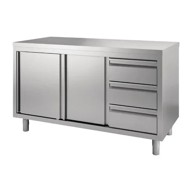 Stainless Steel Cabinet Sliding Doors + 3 Left Drawers - L1600xD700mm