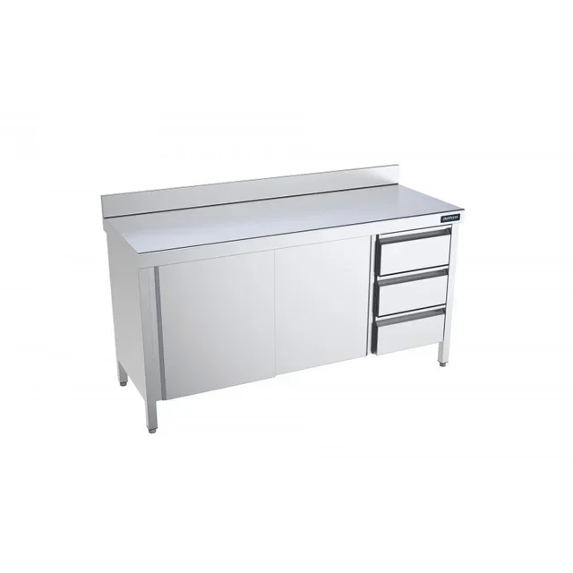 Armoire de Rangement Basse en Inox à Portes Coulissantes avec Dosseret et Caissons Tiroirs Droits - Largeur 180 cm Profondeur 70 cm