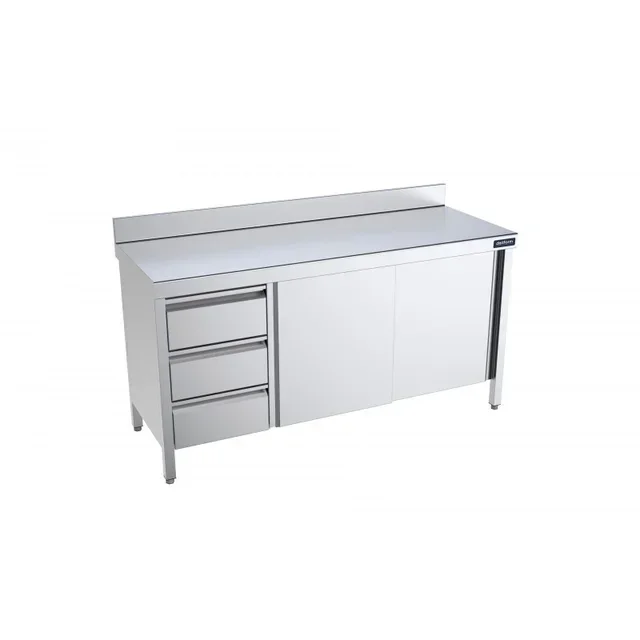 Armoire de Rangement Inox Basse 140x60 cm avec Portes Coulissantes, Dosseret Arrière et Tiroirs Latéraux Gauche