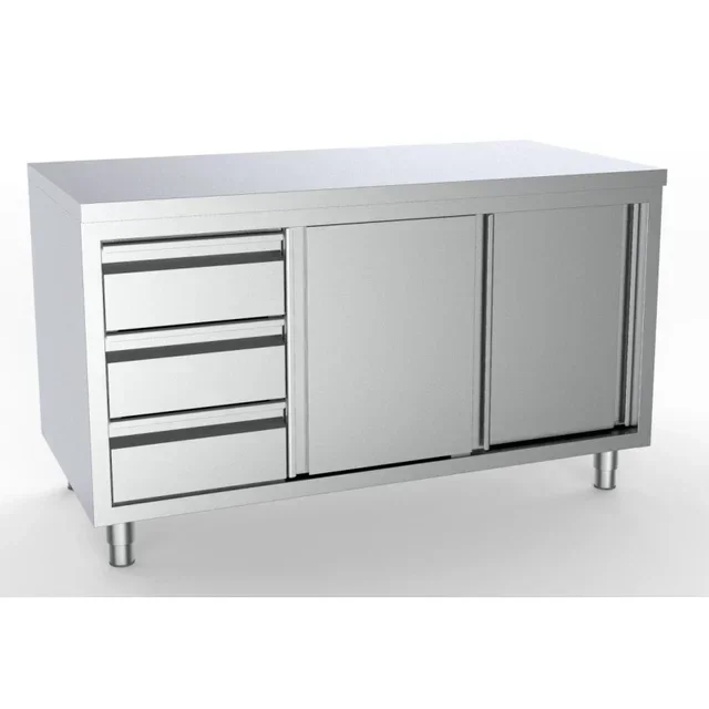 Armoire de Rangement Inox Basse - 2 Portes Battantes et 3 Tiroirs Gauche - Largeur 180 cm Profondeur 70 cm