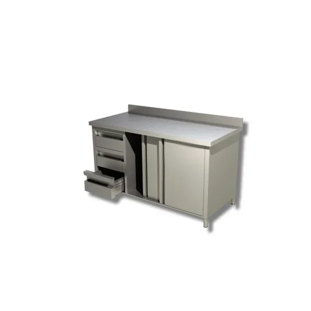 Edelstahl Arbeitstisch mit Aufkantung, 3 Schubladen Links + Schiebetüren - B 1500 x T 600 mm