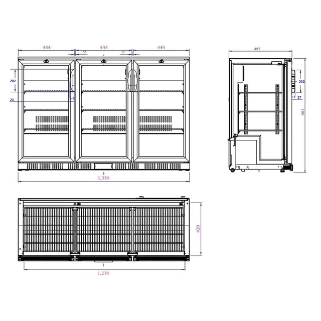 Back Bar Refrigerator 330 Liters 3 Sliding Doors - Positive Cooling