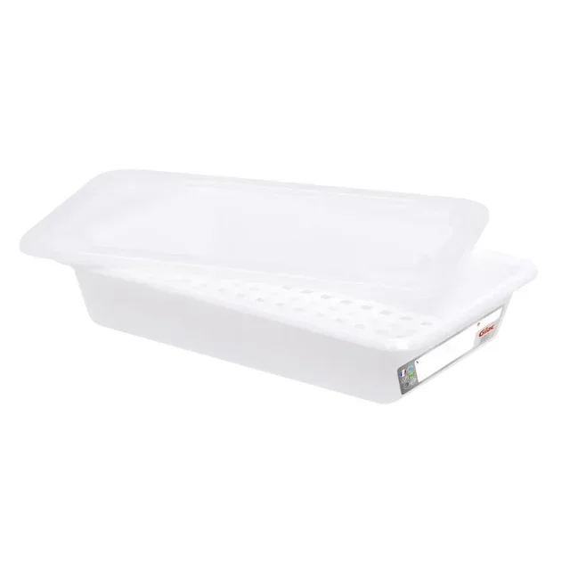 Rectangular Food Container 3 Liters with Lid and Draining Rack - HACCP Compliant - White Color