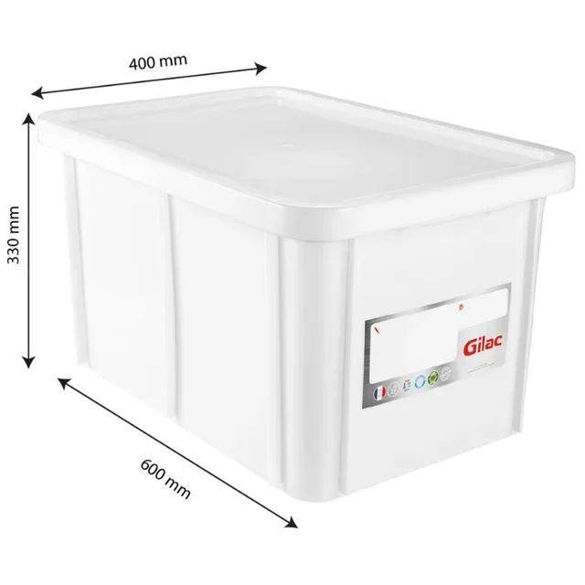 Recipiente Alimentario Rectangular 55 Litros + Tapa Blanca Conforme HACCP