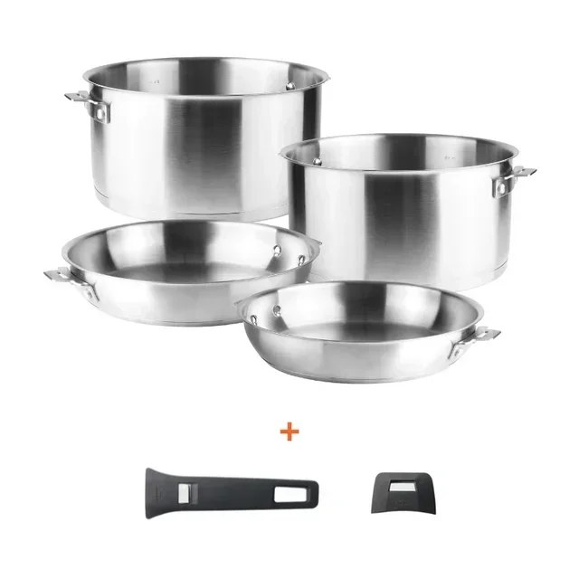 6-Piece Set - Saucepans and Frying Pans with Detachable Handle and Removable Grip