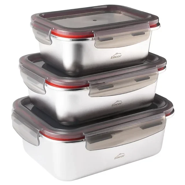 Stainless Steel Food Container with Plastic Lid Ecoinox 800ml - Pack of 3