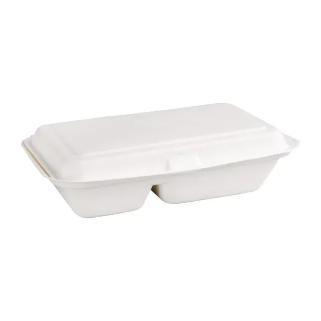 Boîtes 2 Compartiments Bagasse avec Couvercle à Charnière 253 mm - Lot de 200 - Biodégradables