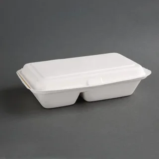 Boîtes 2 Compartiments Bagasse avec Couvercle à Charnière 253 mm - Lot de 200 - Biodégradables