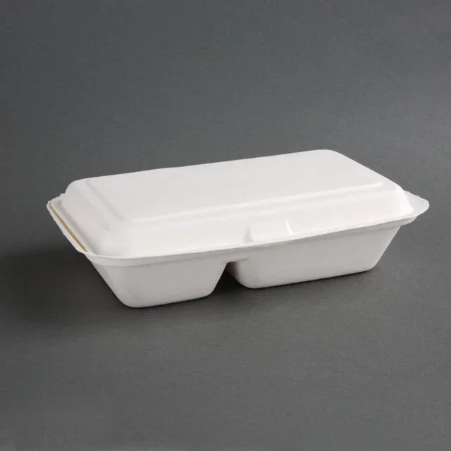 Boîtes 2 Compartiments Bagasse avec Couvercle à Charnière 253 mm - Lot de 200 - Biodégradables