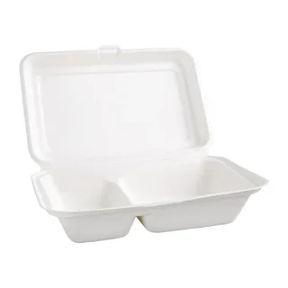 Boîtes 2 Compartiments Bagasse avec Couvercle à Charnière 253 mm - Lot de 200 - Biodégradables