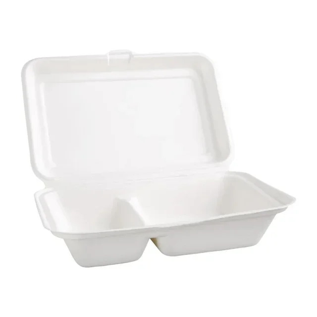 Boîtes 2 Compartiments Bagasse avec Couvercle à Charnière 253 mm - Lot de 200 - Biodégradables