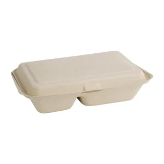 Scatole Bento a 2 Scomparti con Coperchio a Cerniera in Baggassa Naturale Compostabile 253 mm - Confezione da 200 pezzi