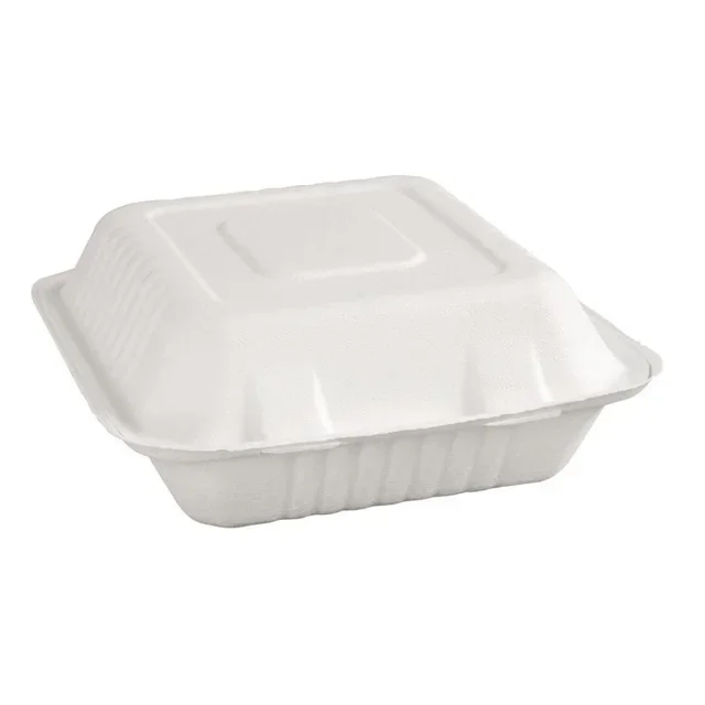 Boîtes à Charnière Compostables en Bagasse 223 mm - Pack de 200 avec Couvercle Intégré
