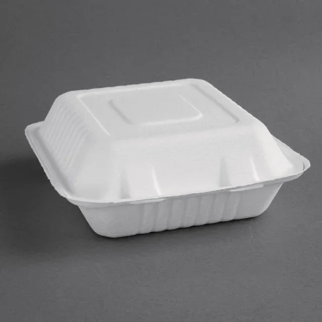 Boîtes à Charnière Compostables en Bagasse 223 mm - Pack de 200 avec Couvercle Intégré