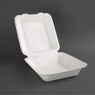 Boîtes à Charnière Compostables en Bagasse 223 mm - Pack de 200 avec Couvercle Intégré