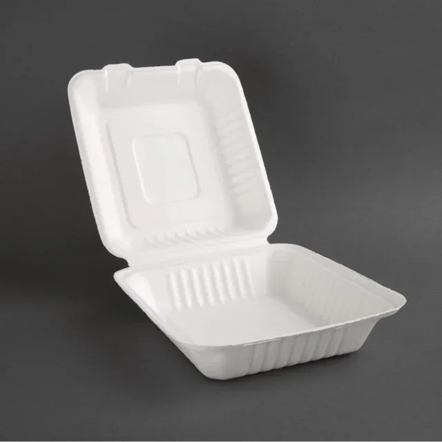 Boîtes à Charnière Compostables en Bagasse 223 mm - Pack de 200 avec Couvercle Intégré