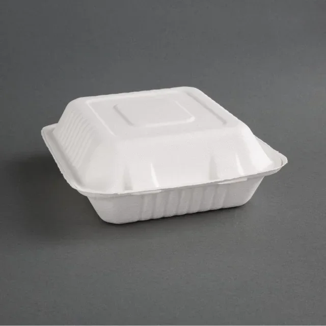 Boîtes Repas 3 Compartiments Bagasse 201 mm avec Couvercle Charnière - Lot 200 unités Écologiques