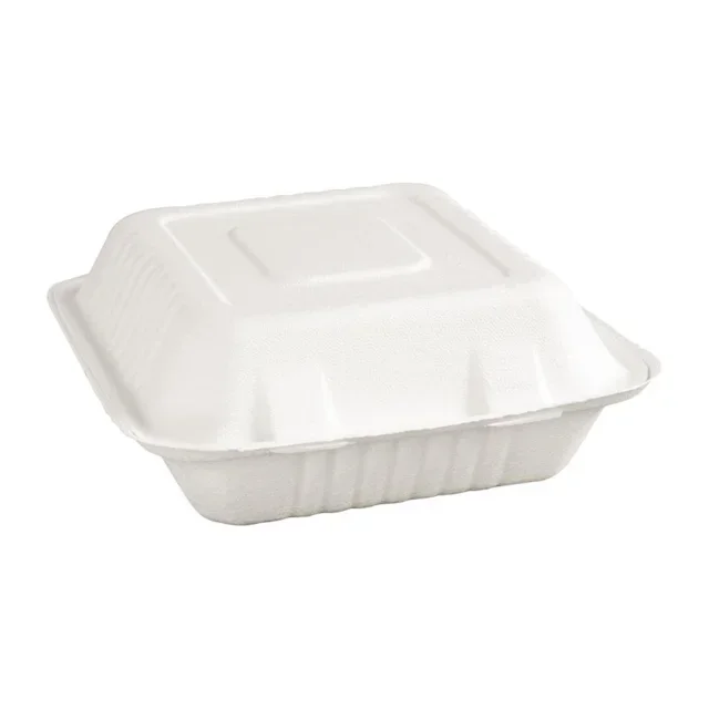 Boîtes Repas 3 Compartiments Bagasse 201 mm avec Couvercle Charnière - Lot 200 unités Écologiques