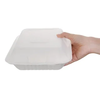 Boîtes Repas 3 Compartiments Bagasse 201 mm avec Couvercle Charnière - Lot 200 unités Écologiques