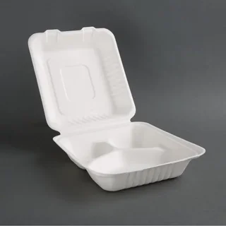 Boîtes Repas 3 Compartiments Bagasse 201 mm avec Couvercle Charnière - Lot 200 unités Écologiques