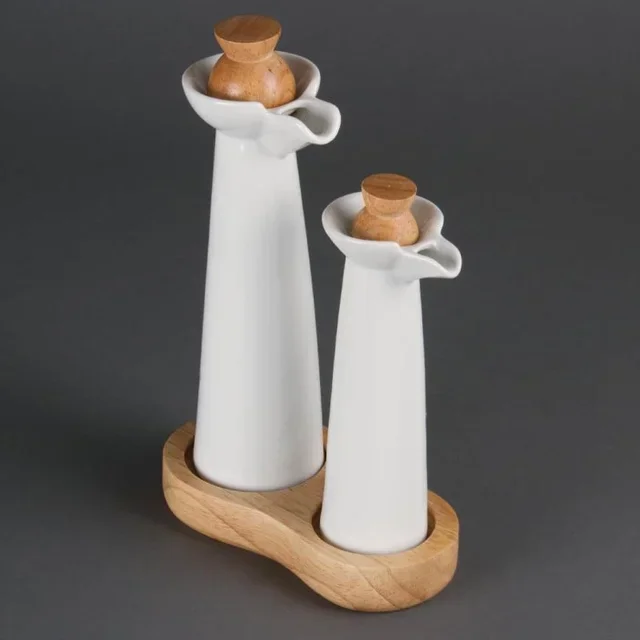 White Oil and Vinegar Bottle with Wooden Stand and Stoppers
