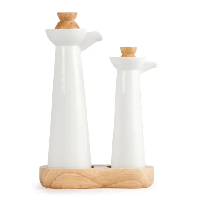 White Oil and Vinegar Bottle with Wooden Stand and Stoppers