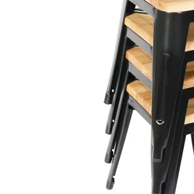Chaises de Bar Industrielles Acier Noir et Bois Naturel - Set de 4 Pièces