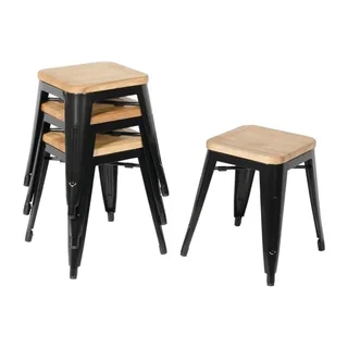 Chaises de Bar Industrielles Acier Noir et Bois Naturel - Set de 4 Pièces