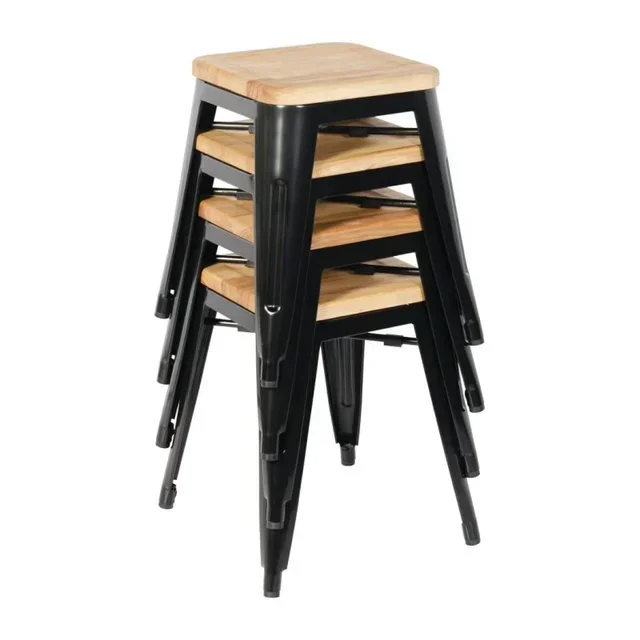 Chaises de Bar Industrielles Acier Noir et Bois Naturel - Set de 4 Pièces
