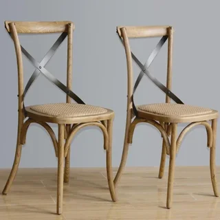 Set of 2 Distressed Wood Chairs Cross Back - Natural Finish