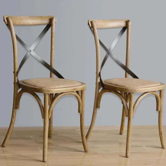 Set of 2 Distressed Wood Chairs Cross Back - Natural Finish