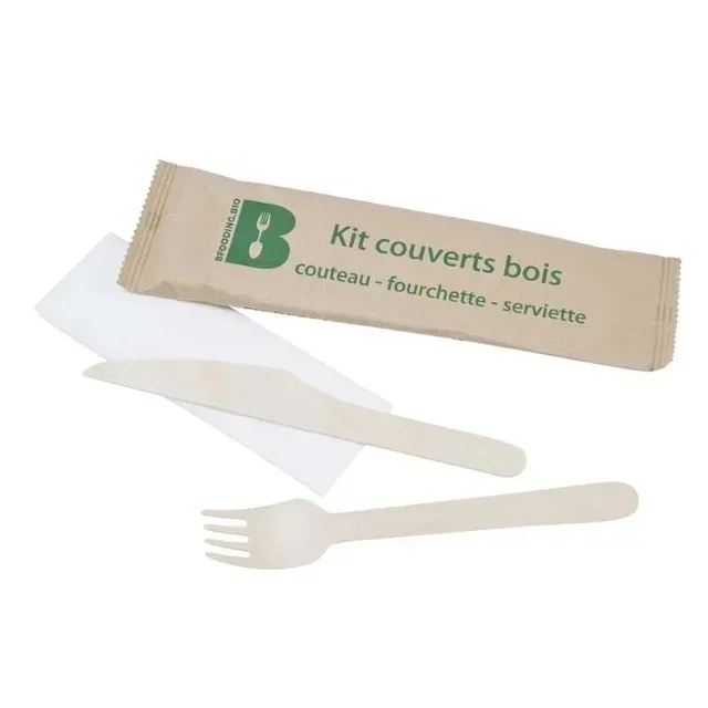 Disposable Birch Wood Cutlery - 3 in 1 Set: Knife, Fork and Napkin - Pack of 250