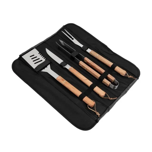 BBQ Utensil Set 4 Pieces - Stainless Steel and Wood