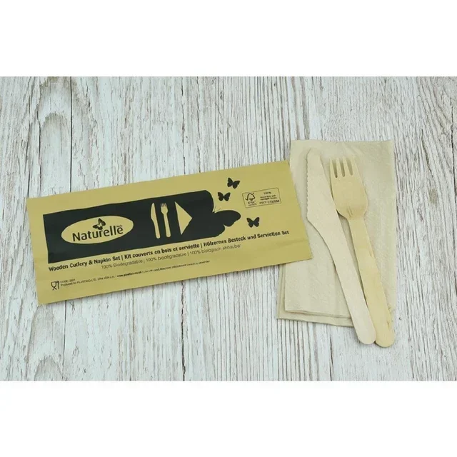 Wooden Eco-Friendly Cutlery Kit - Fork Knife Spoon Individually Wrapped - Pack 250 Units