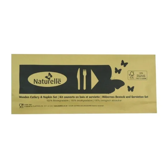 Wooden Eco-Friendly Cutlery Kit - Fork Knife Spoon Individually Wrapped - Pack 250 Units