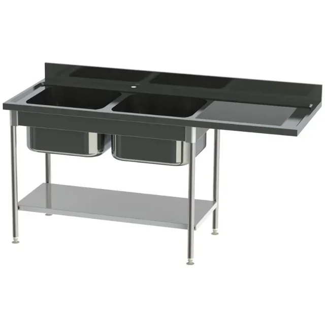 Double Bowl Kitchen Sink with Right Side Drainer and Upper Shelf - Premium Model for Dishwasher