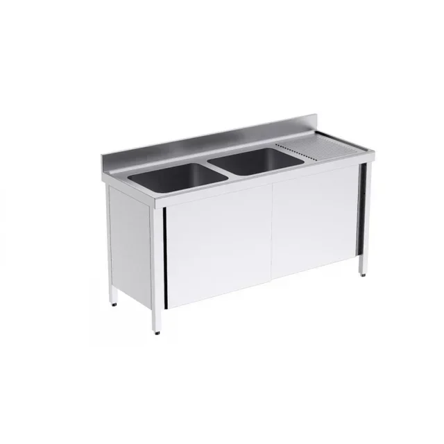Double Bowl Sink with Sliding Doors and Right Drainboard - 1600x700 mm