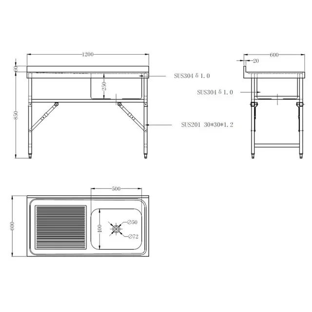 Foldable Sink 1 Bowl with Left Drainer and Upstand - L 1200 x D 600 mm