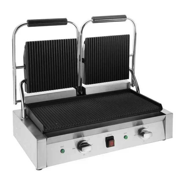 Grill de Contact Double Professionnel Inox Rainuré - Plaque Supérieure et Inférieure Striées pour Bistro