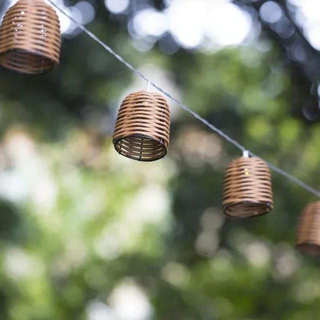 Solar Rattan String Lights 3.8m Formentera - Woven Lampshade