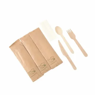 Wooden Cutlery Set of 4 - Knife, Fork, Large Spoon and Napkin - Pack of 500 Units