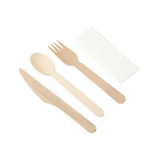 Wooden Cutlery Set of 4 - Knife, Fork, Large Spoon and Napkin - Pack of 500 Units