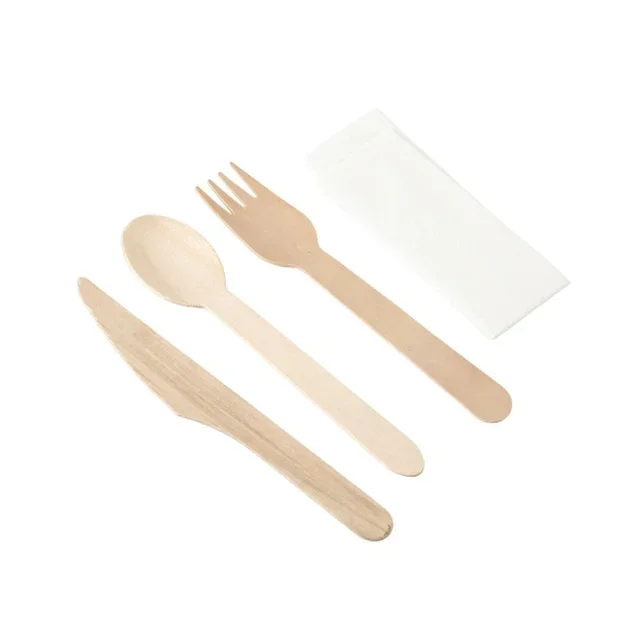 Wooden Cutlery Set of 4 - Knife, Fork, Large Spoon and Napkin - Pack of 500 Units