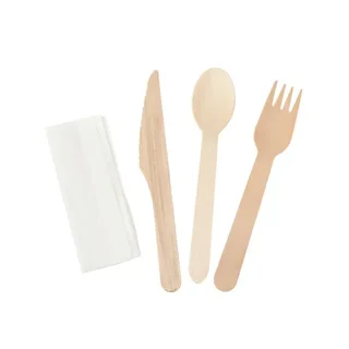 Wooden Cutlery Set of 4 - Knife, Fork, Large Spoon and Napkin - Pack of 500 Units