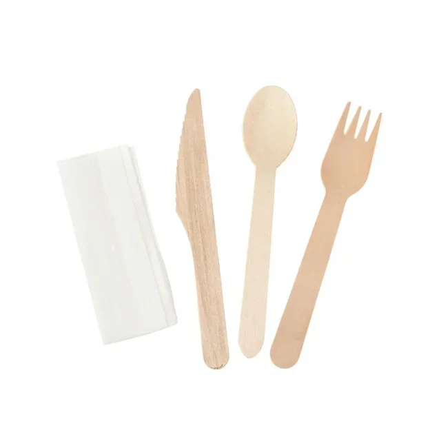 Wooden Cutlery Set of 4 - Knife, Fork, Large Spoon and Napkin - Pack of 500 Units