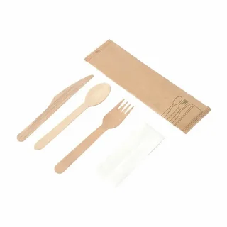 Wooden Cutlery Set of 4 - Knife, Fork, Large Spoon and Napkin - Pack of 500 Units