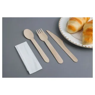 Wooden Cutlery Set of 4 - Knife, Fork, Large Spoon and Napkin - Pack of 500 Units