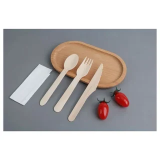 Wooden Cutlery Set of 4 - Knife, Fork, Large Spoon and Napkin - Pack of 500 Units