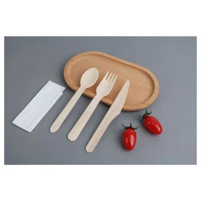 Wooden Cutlery Set of 4 - Knife, Fork, Large Spoon and Napkin - Pack of 500 Units