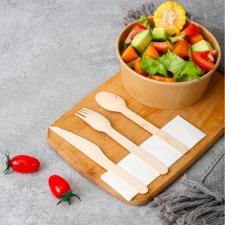 Wooden Cutlery Set of 4 - Knife, Fork, Large Spoon and Napkin - Pack of 500 Units